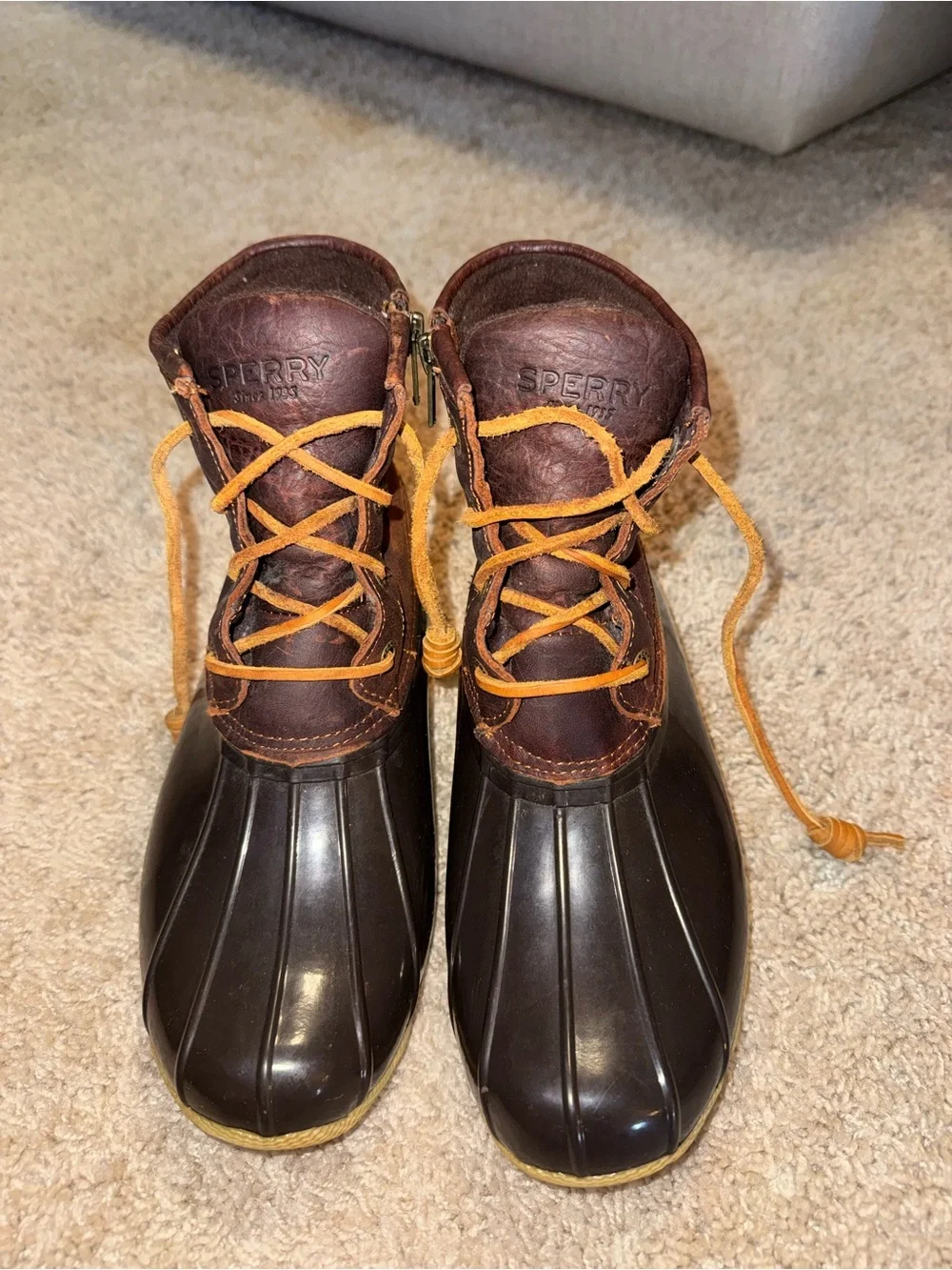 Sperry Dark Brown Leather & Black Rubber Duck Boots with Tan Laces
